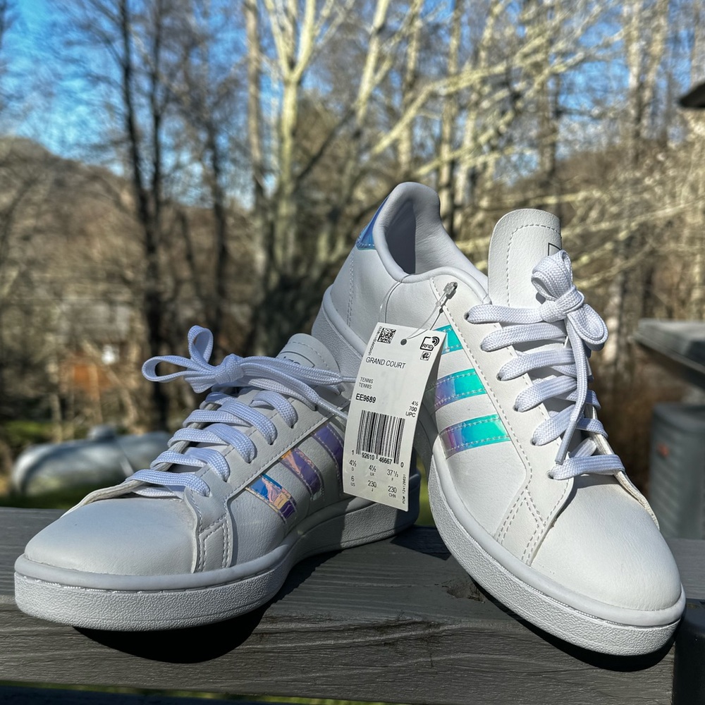 Adidas sneakers, size 6, white and holographic